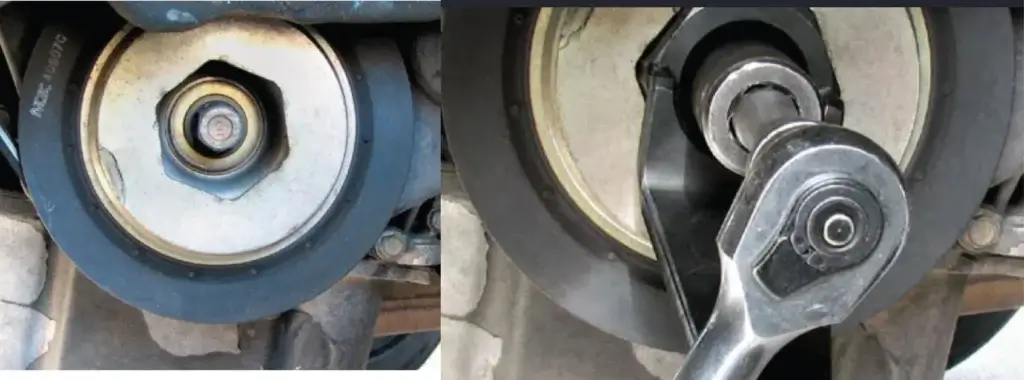 This image shows how to remove a Honda Crankshaft bolt using a special crankshaft pulley holding tool