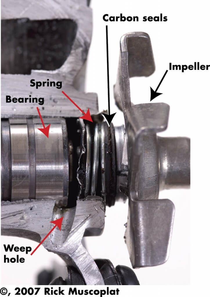 cutaway view of water pump bearing and seal