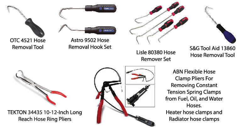 Hose removal tools by OTC 4521 Hose Removal Tool, Astro 9502 Hose Removal Hook Set, Lisle 80380 Hose Remover Set, SG Tool Aid 13860 Hose Removal Tool, TEKTON 34435 10-12-Inch Long Reach Hose Ring Pliers, ABN Flexible Hose Clamp Pliers For Fuel Oil and Water