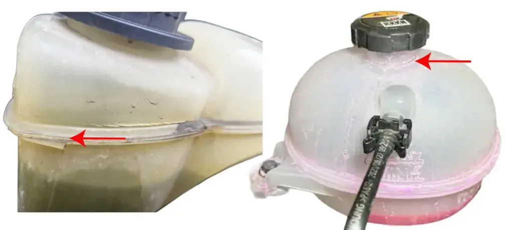 This image shows Dried coolant on a leaking coolant reservoir