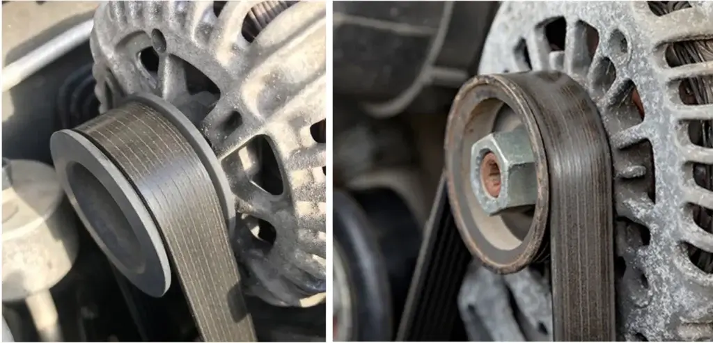 This image shows lines on the backside of the belt that correspond with the high grooves of the driven pulley.