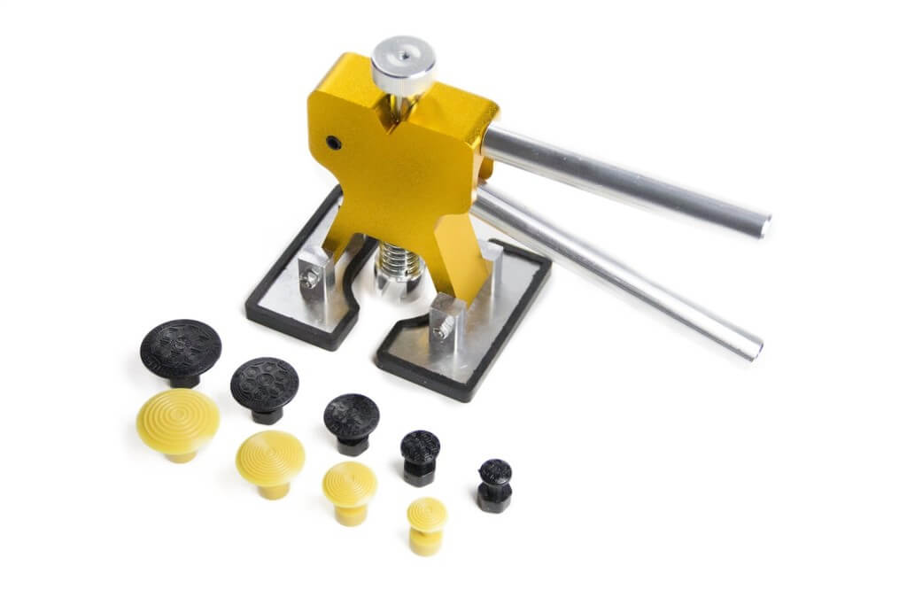 Dent puller tool and glue on tips for removing dents in car doors, hood, fenders, and trunk lids