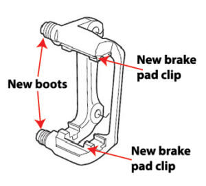 image showing brake caliper braket, brake pad clips and new boots