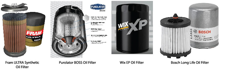 Fram oil filter, Purolator oil filter, Bosch oil filter, Wix oil filter