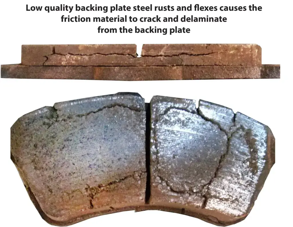image showing rusted brake pad backing plate and broken friction material