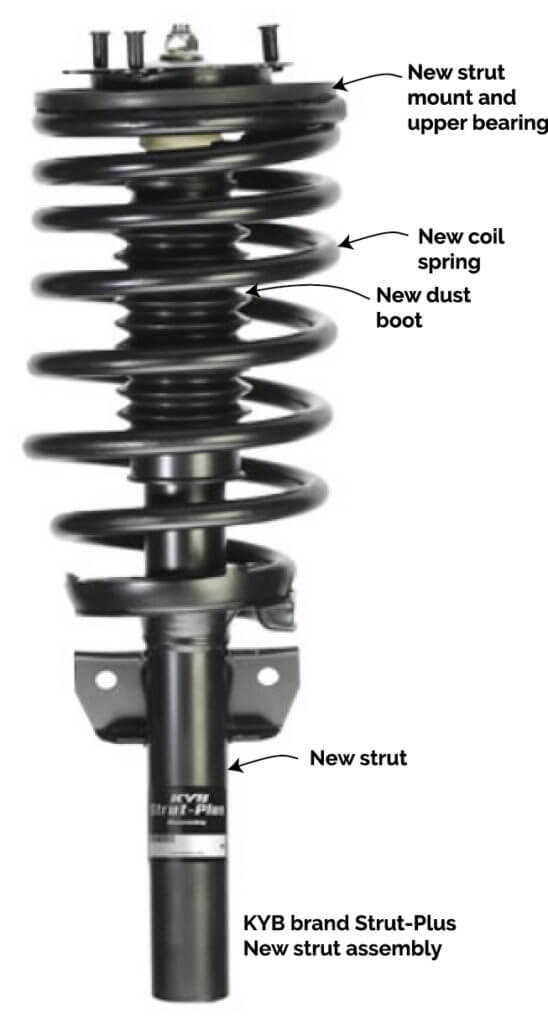Image of fully loaded strut assembly showing new strut, new coil spring, new strut mount and new strut bellows