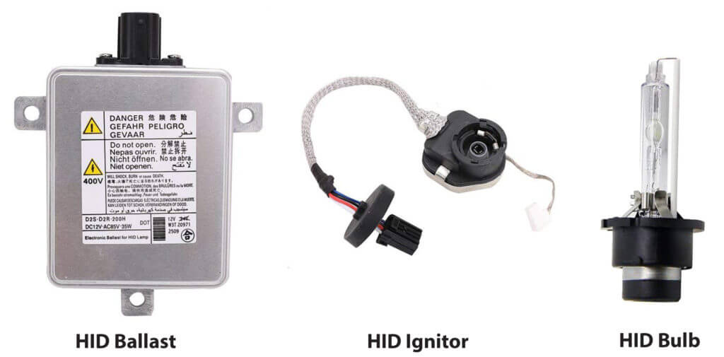 HID components. HID ballast, HID igniter and HID bulb