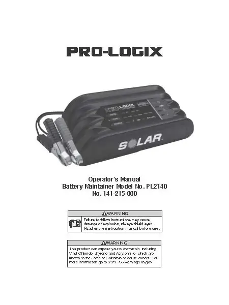 This image shows the front page of the Clore Solar Pro-Logix battery maintainer
