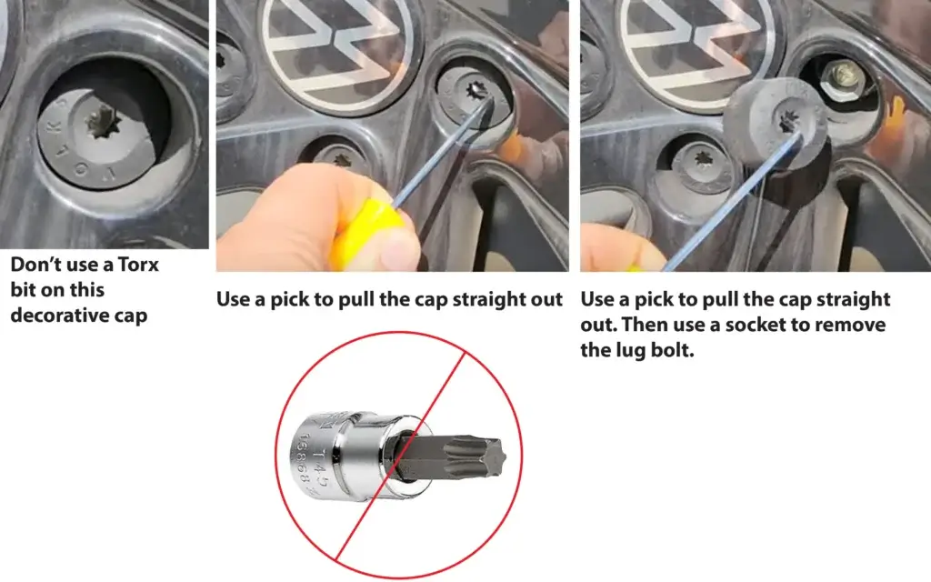This image shows how to remove the decorative caps on Volkswagen lug bolts