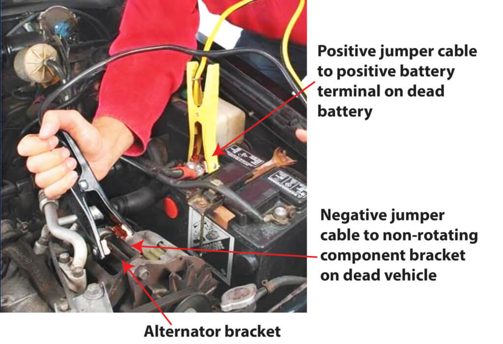 connecting jumper cables to dead vehicle