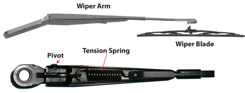 images of wiper arm, wiper blade, tension spring and wiper arm pivot
