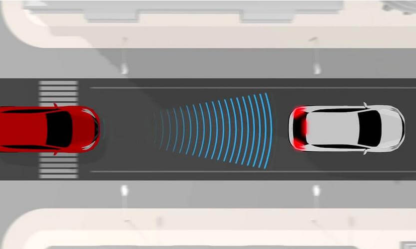 image showing AEB vehicle gauging distance and closing rate to the car in front