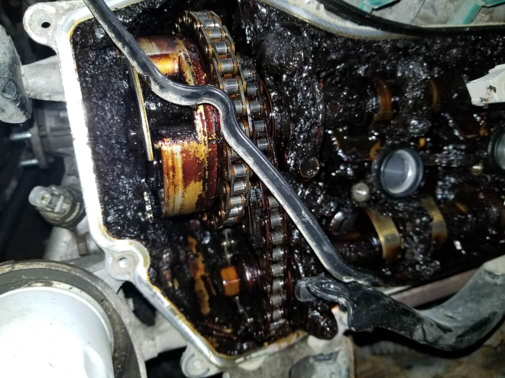 image of engine sludge and stretched timing chain