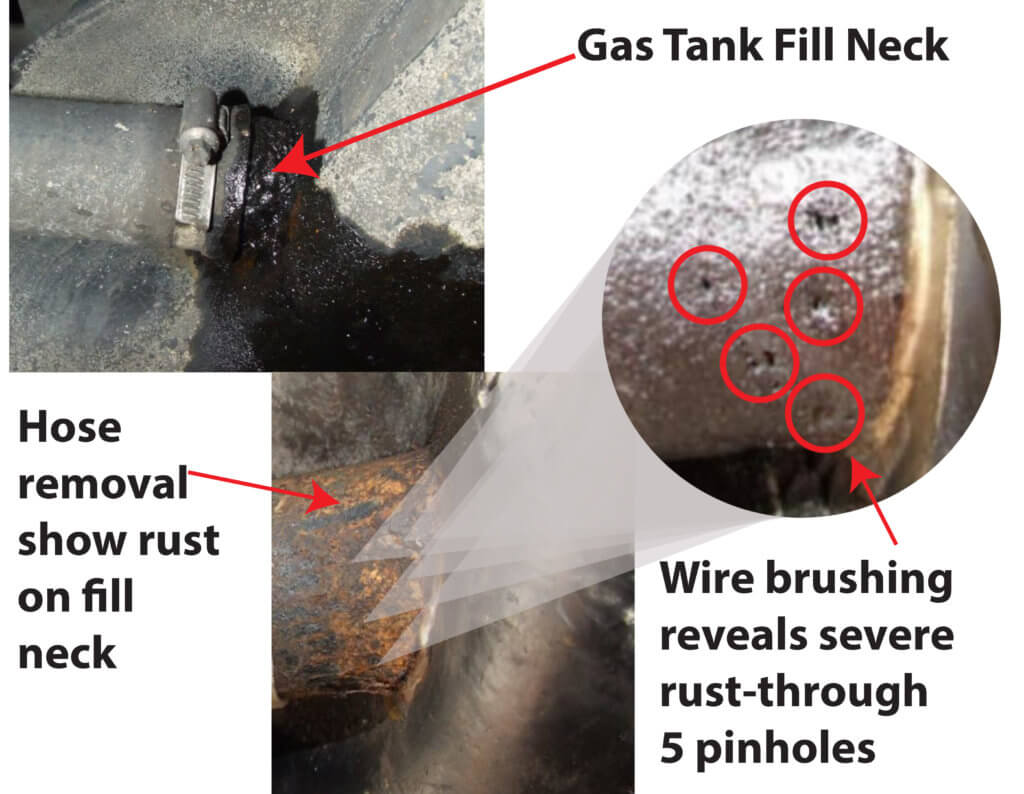 images showing pinhole leaks in gas tank