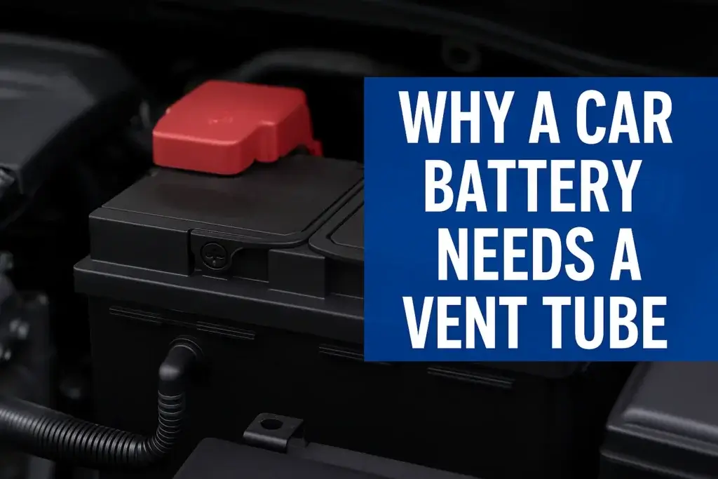 This image shows a car battery with an external vent tube