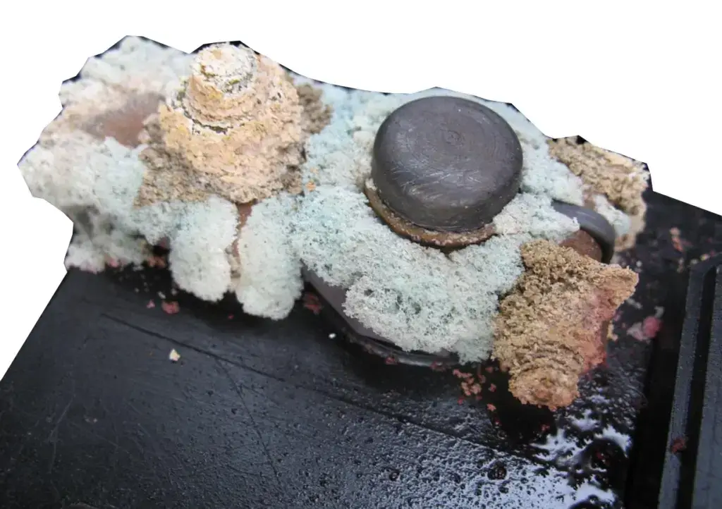 leaking car battery and corrosion on the battery terminals and posts