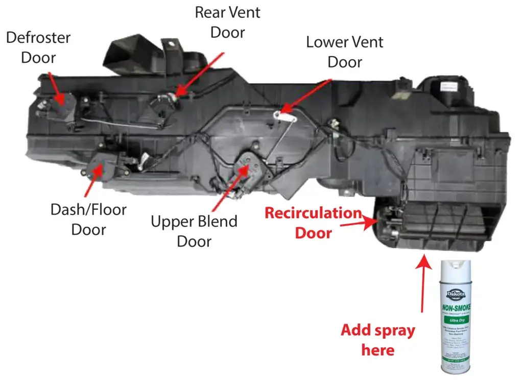 Diagram of heater box showing where to spray smoke smell remover