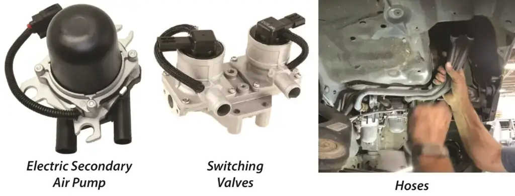 This amen shows the components of a secondary error system for emissions reduction. You'll see an electric air pump secondary switching valves, and hoses that run from the pump to the exhaust manifold