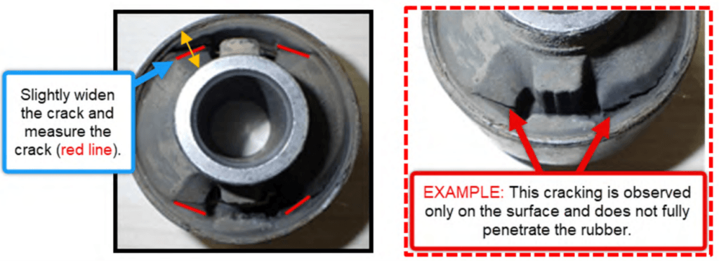 This image shows how to measure the tear width in a control arm bushing