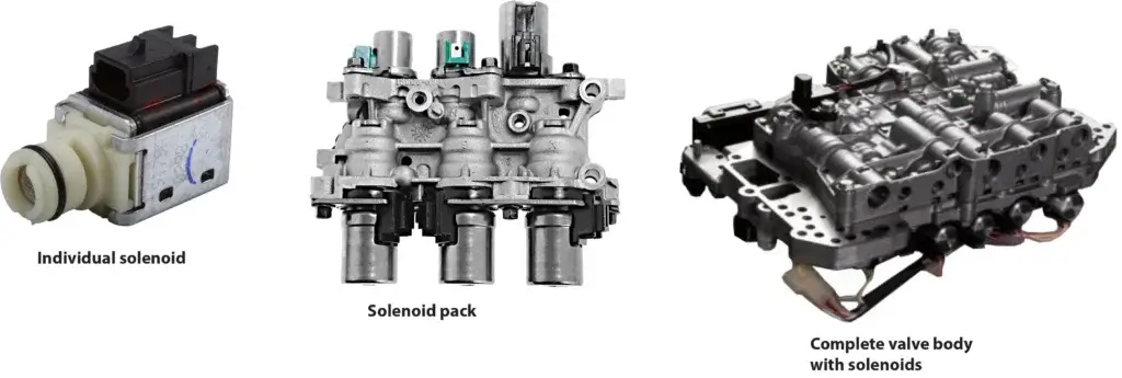 This image shows the many ways transmission solenoids can be replaced. It shows an individual solenoid. Image shows a solenoid pack of three solenoids and the image on the right shows a complete valve body with built in solenoids