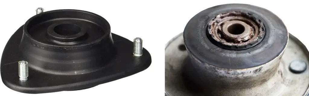 The image on the left is a new strut mount. The image on the right is a failed strut mount bearing