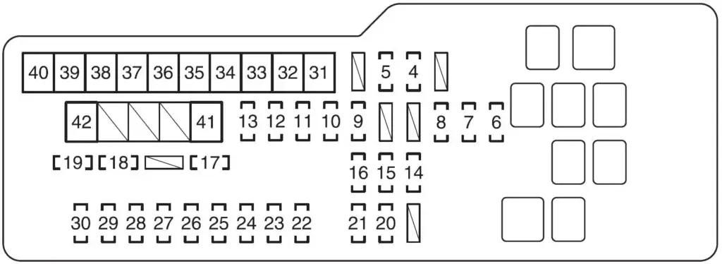 This image shows a 2008 Camry Fuse box diagram for the underhood fuse box