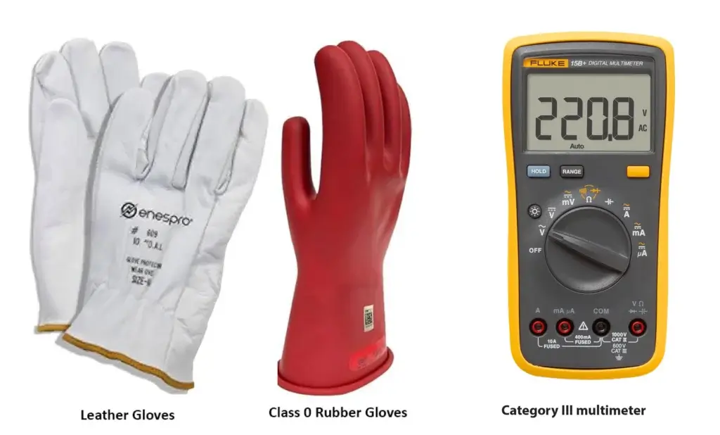 This image shows the special gloves and special multimeter needed to work on AC in EVS