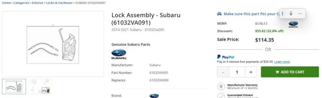This image shows the lowest price for a subaru latch