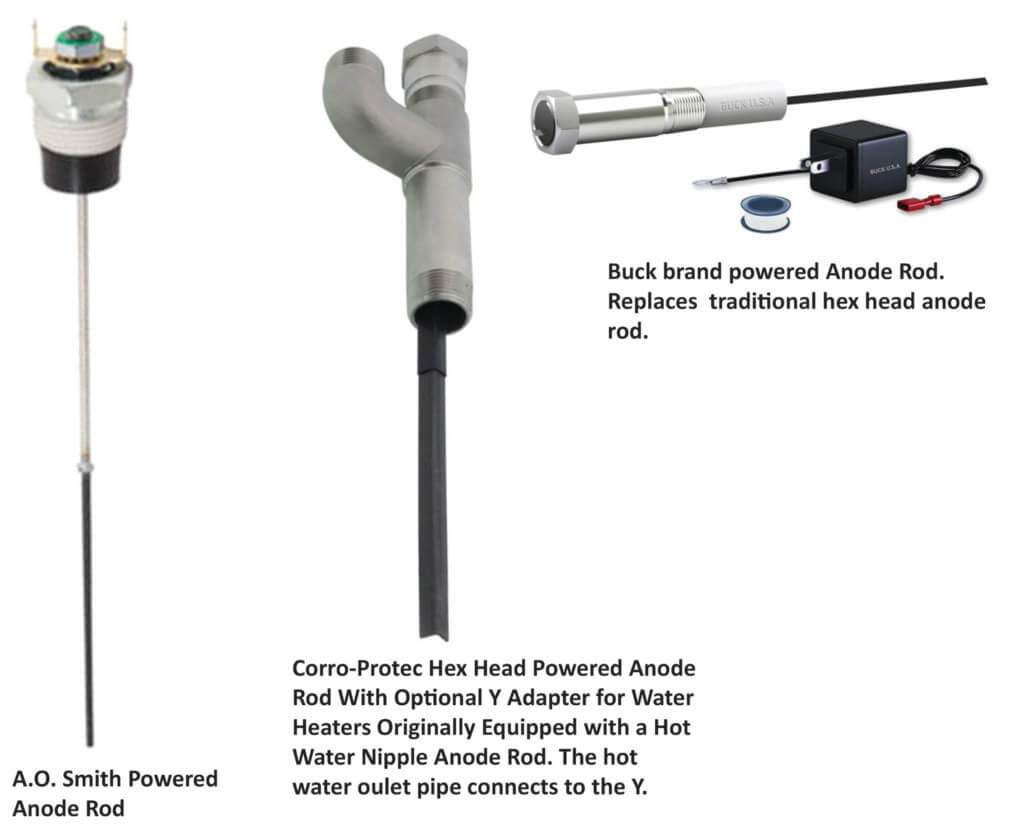This image shows several brands of powered anode rods