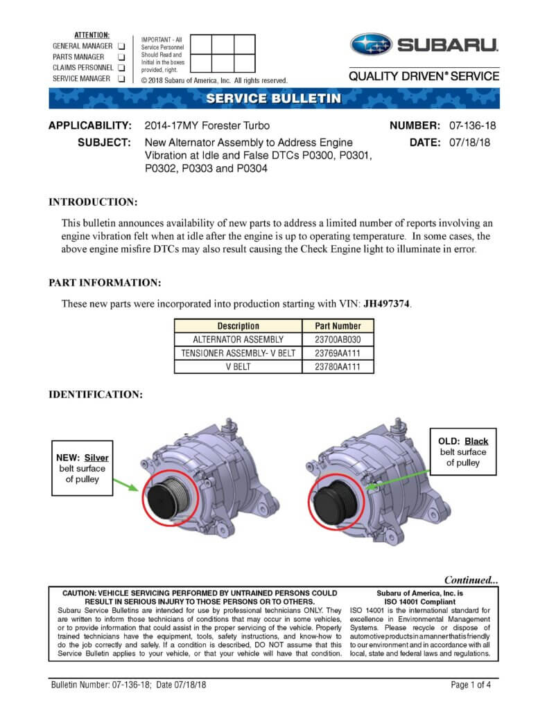 this image is the first page of Subaru bulletin MC-10143875-9999 regarding subaru misfires