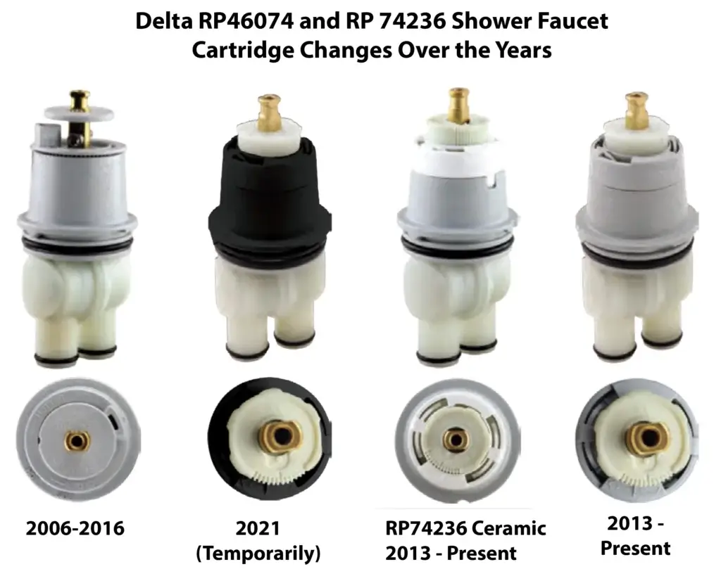This image show Delta RP46074 shower faucet cartridges over the years
