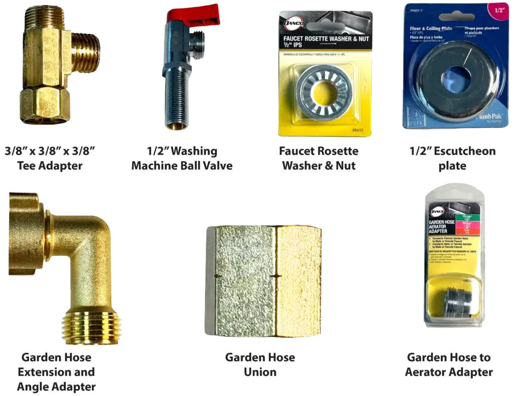 This image shows the parts needed to connect a dishwasher to a pull down faucet