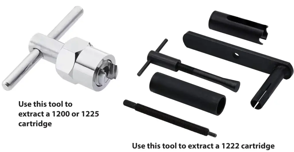 This image shows a t-handle puller for moen 1200 and 1225 cartridges and the Ona puller for 1222 cartridges