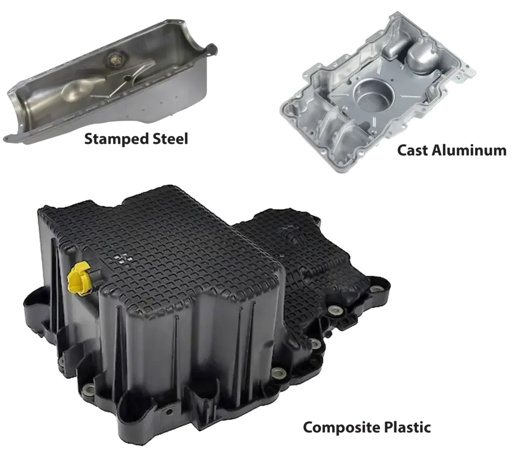 This image shows several engine oil pan designs