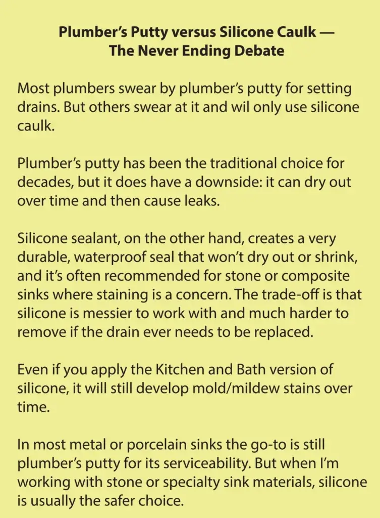 This image discusses plumber's putty and silicone