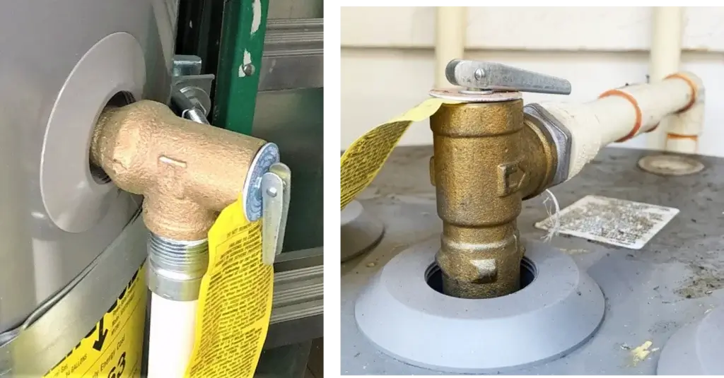 this image shows a tp valve on the side of the water heater and a TP valve on the top of the water heater