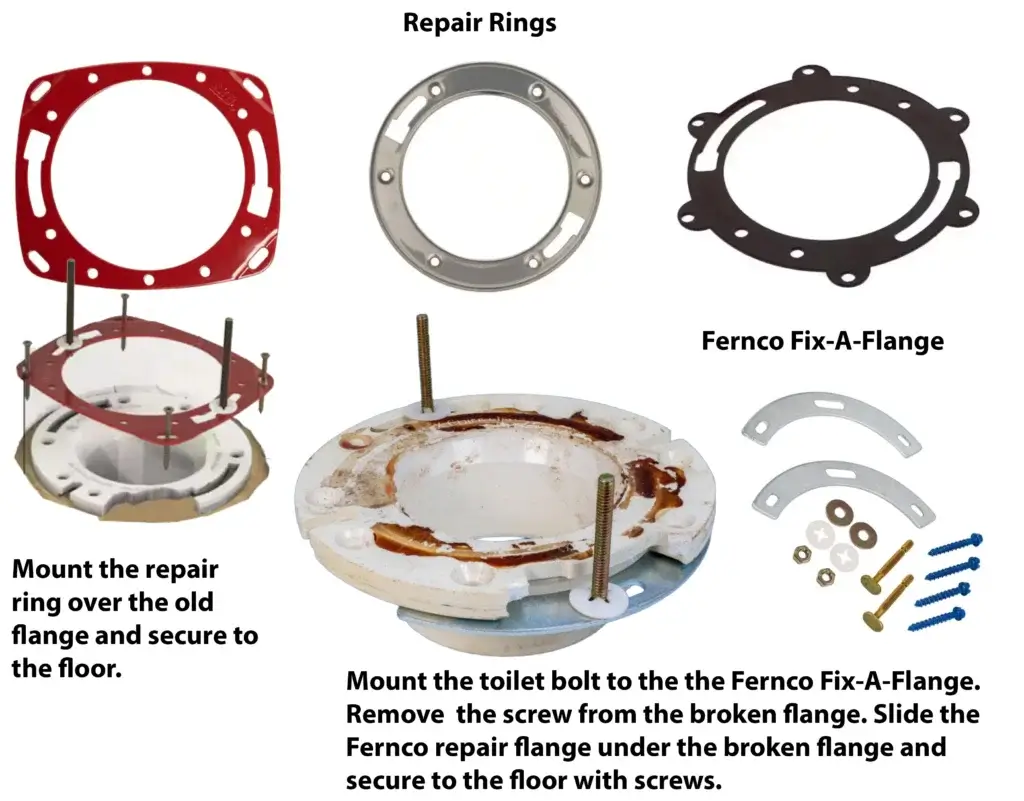 This image shows several away to repair a broken toilet flange