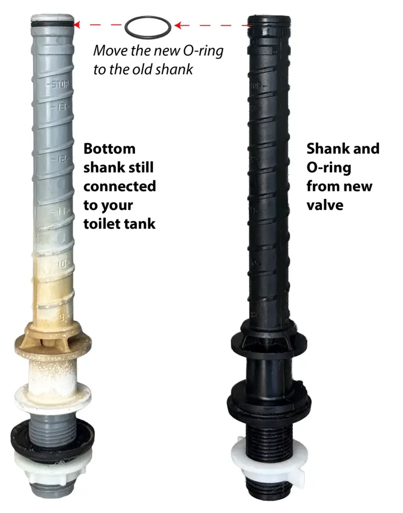 this image shows how to move the o-ring from the new shaft to the old fill valve shank