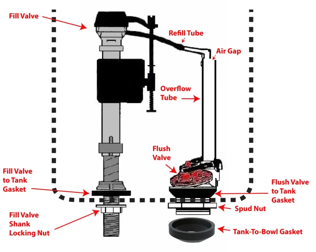 This image shows how the fill valve and flush valve work in a toilet