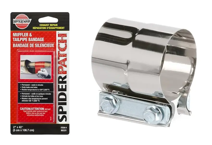 This image shows a muffler bandage and a band clamp used to fix an exhaust leak