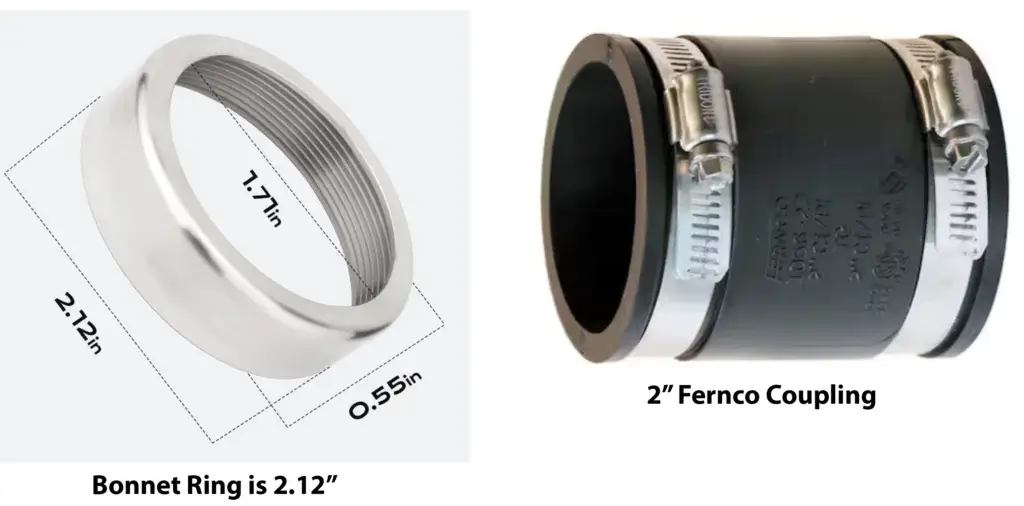 This image shows the size of the delta bonnet ring and the correct fernco coupling