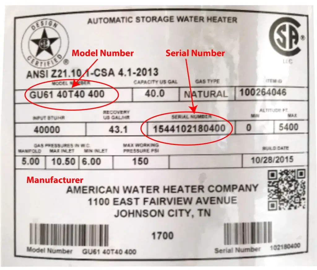 This image shows the location of the water heater model number and serial number